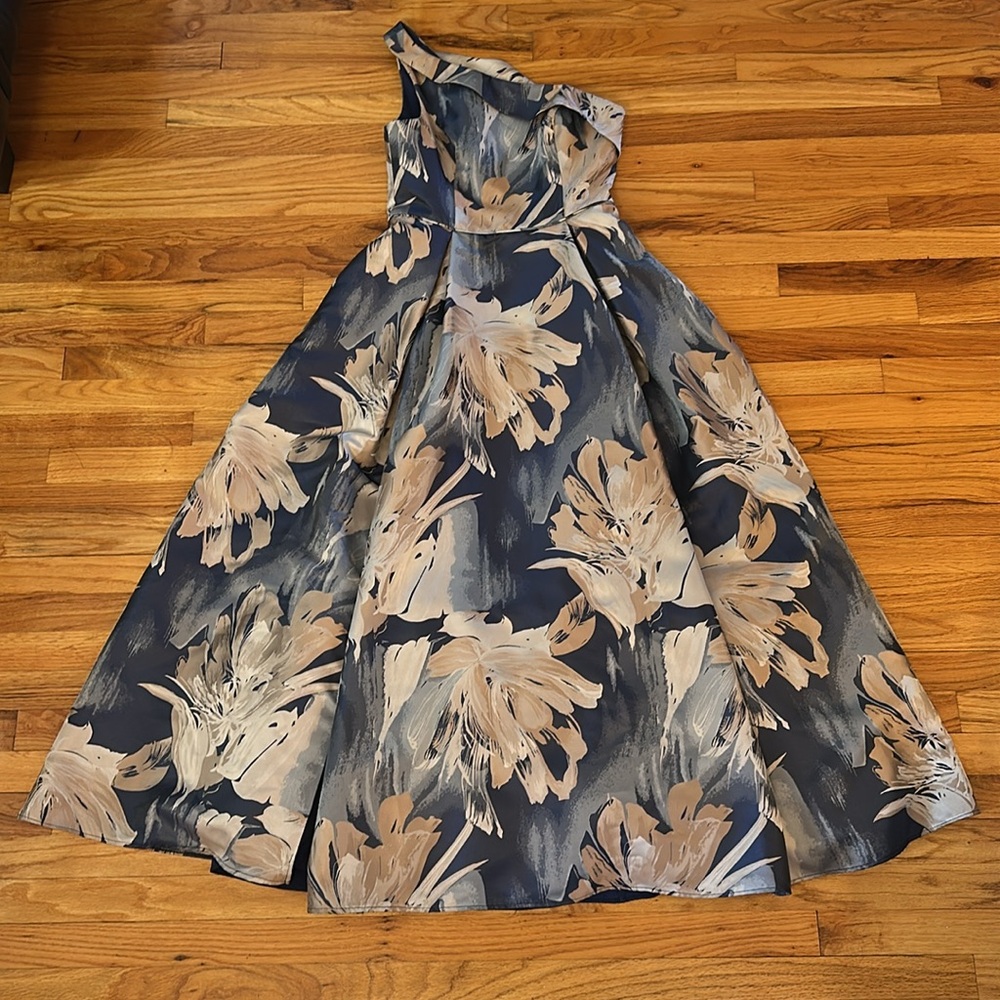 Aidan Mattox One Shoulder Floral Dress in Blue and Cream Sz 10